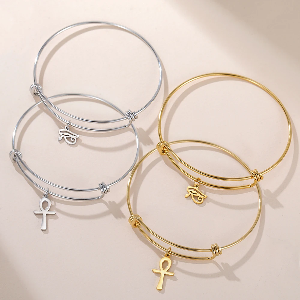 Dawapara Ankh Cross Eye of Horus Bangle Adjustable Ancient Egyptian Charm Protection Amulet Stainless Steel Jewelry