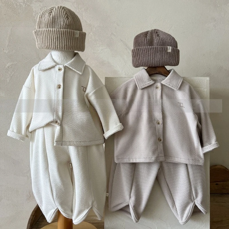 

Children's corduroy suit autumn winter new boys girls gas solid colour cardigan jacket + trousers two-piece set 80-130cm