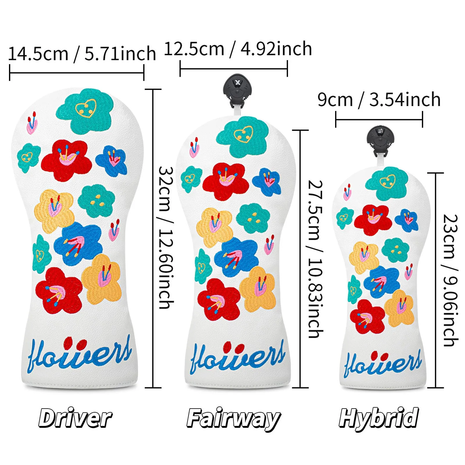 Flower Embroidery Water Resistant PU Leather Golf Club Head Cover Elastic Band Headcover with Velvet Lining for Golfing Training view 6