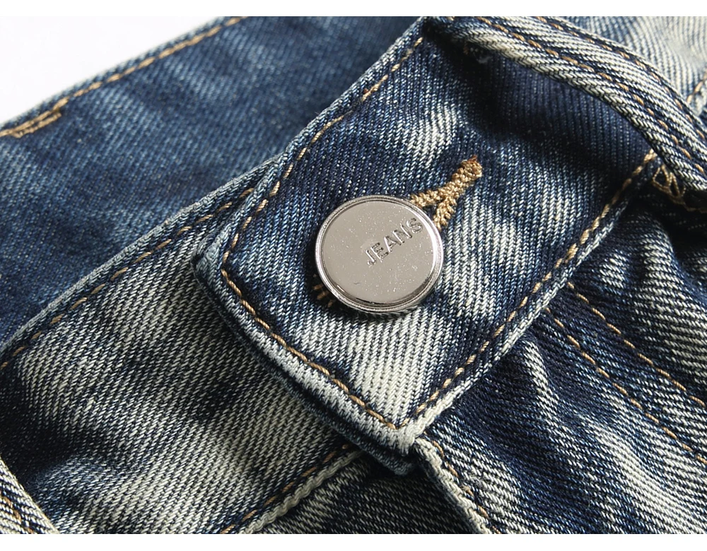 Herren Boot-Cut-Jeans Streetwear mit Patches, freigelegtem Saum, Vintage-Blau, Stickerei, Patchwork, ausgestellte Hose – Detail 6