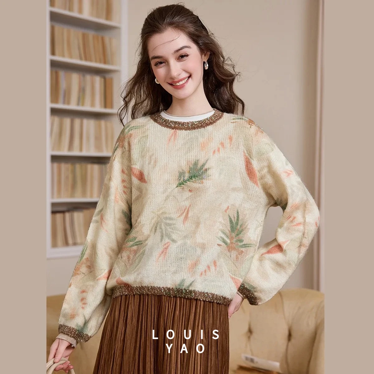 

LOUISYAO Printed Sequined Slouchy Sweater 2025 Autumn/Winter Tops Oversized Drop-Sleeves Slightly Stretchy Women's Knitwear