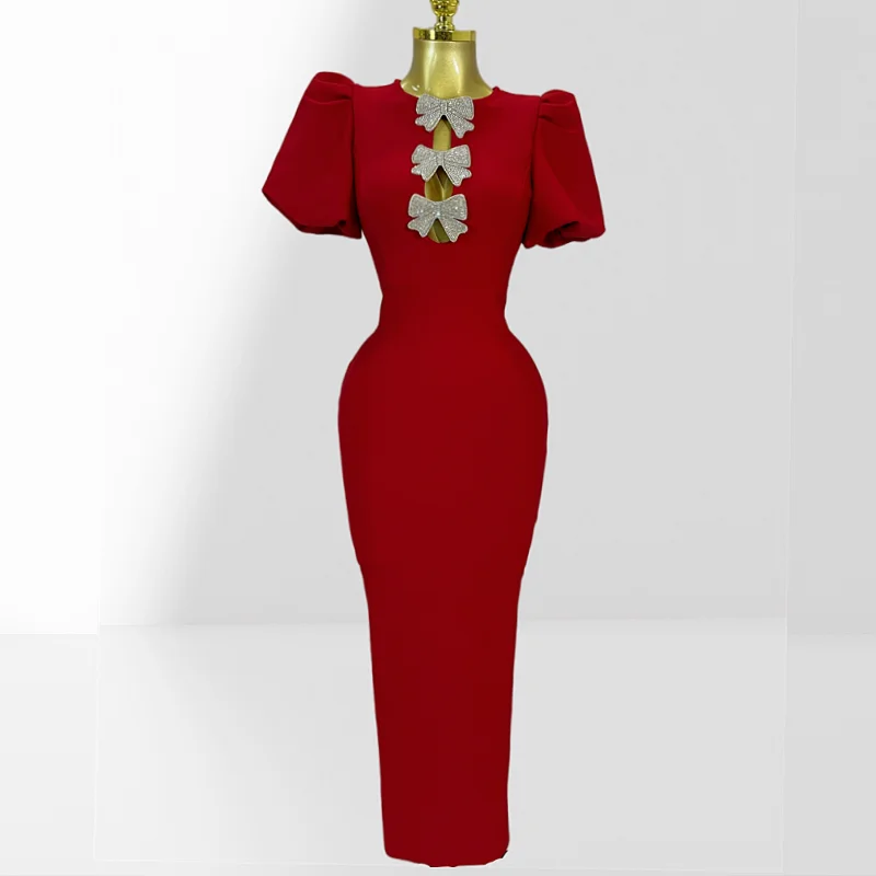 Sparkling Crystal Bows Sexy V-Neck Puff Sleeve Red Bandage Long Dress Graceful Woman Party and Date Dress Birthday Party Vestido