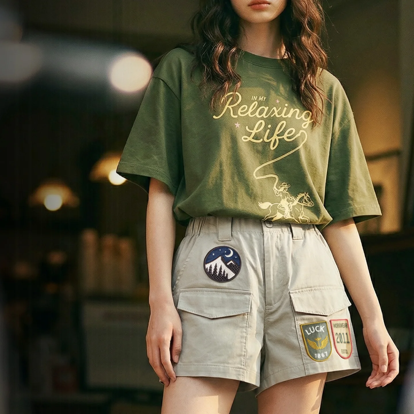

Maden Women's Cargo Shorts A Line Straight Leg High Waist Casual Badge Patchwork Design Shorts Vintage Grey Green for Summer