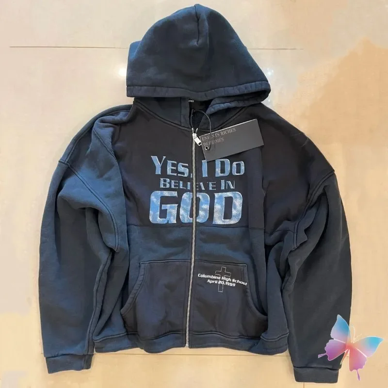 

Vinatge Street ERD Jackets I Do Believe in God Patchwork Pocket Terry Zippered Hoodie Men Women Enfants Riches Deprimes Coats