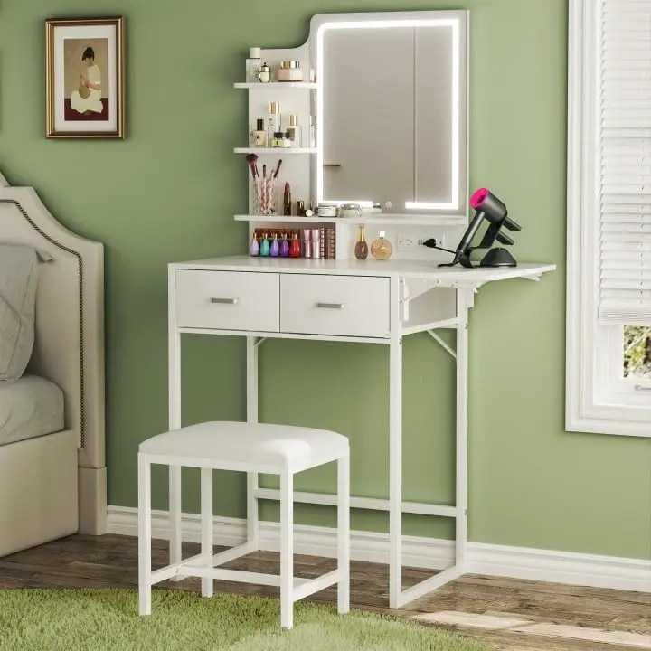 

Makeup Vanity Desk with Mirror and Lights, Small Vanity, White Vanity with Fold-up Panel and Power Outlet for Bedroom