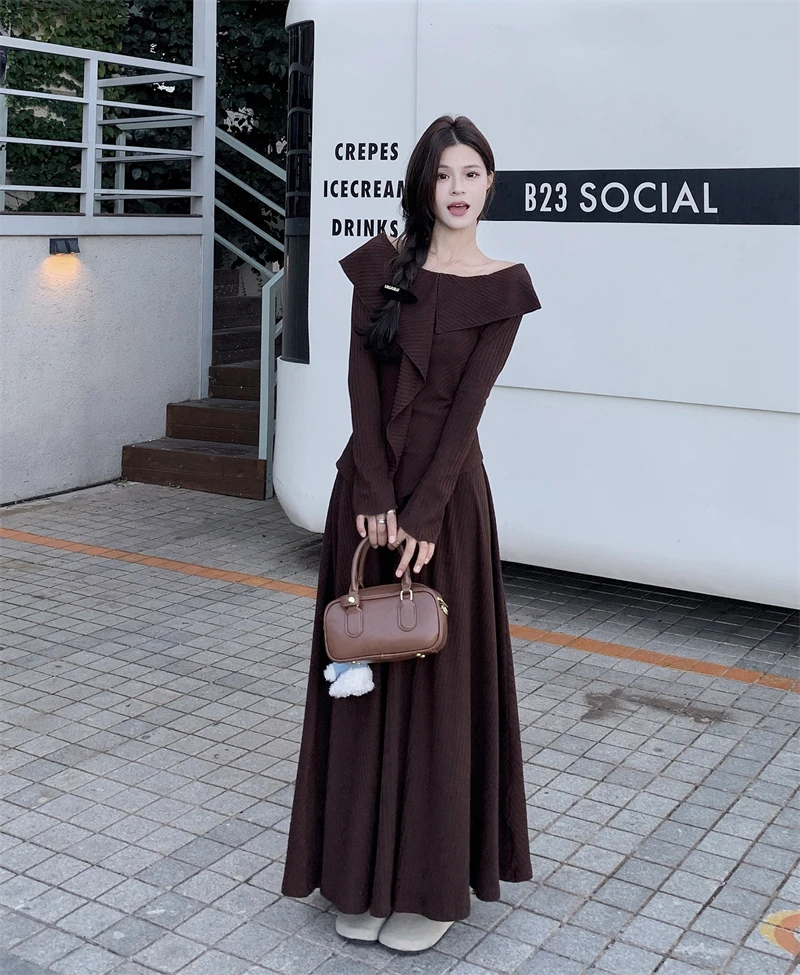 

Women Korean Style Slim Skirt Sets Mid Length Knitted Sweater Skirts Casual Solid 2025 Autumn 2 Piece Set Outfits Female