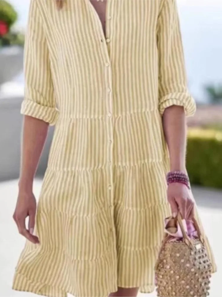 

Women Casual Striped Shirt Dress 2025 Spring Autumn Long Sleeve Button Loose A Line Dresses Female Elegant Lady Vestidos