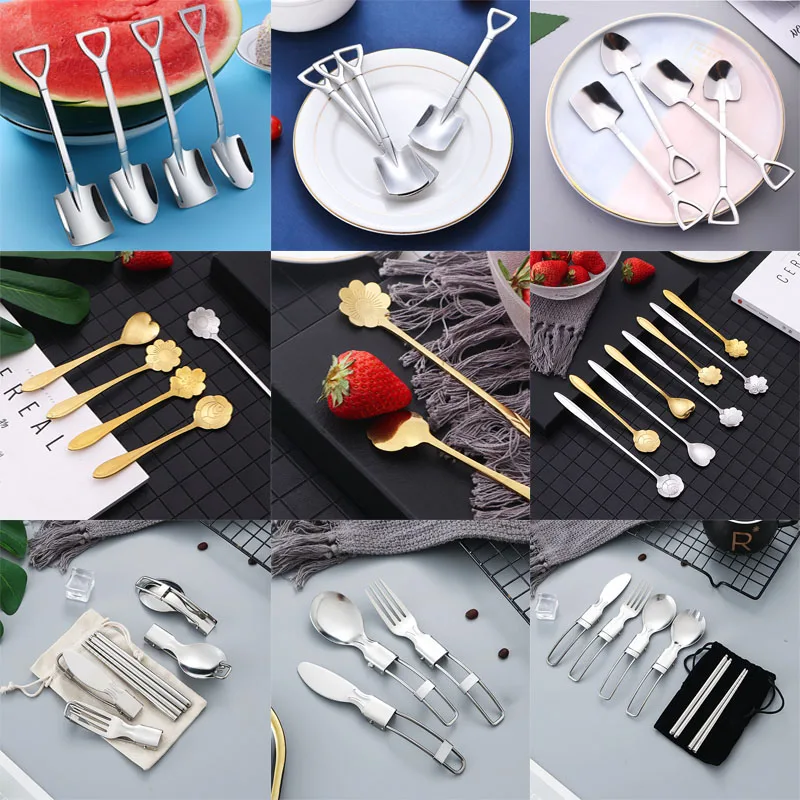 

304 Stainless Steel Dinnerware Set Western Fork Knife Spoon Tableware Kitchen Soup Dessert Ice Spoon Creative Silverware Set