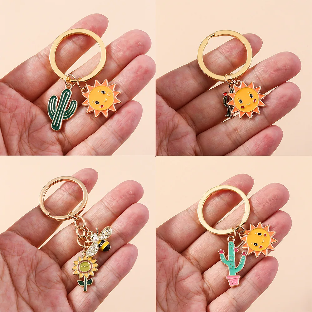 Countryside Sunflower Cactus Keychain Sweet Girl Heart Bee Sun Key Bookbag Decorative Pendant