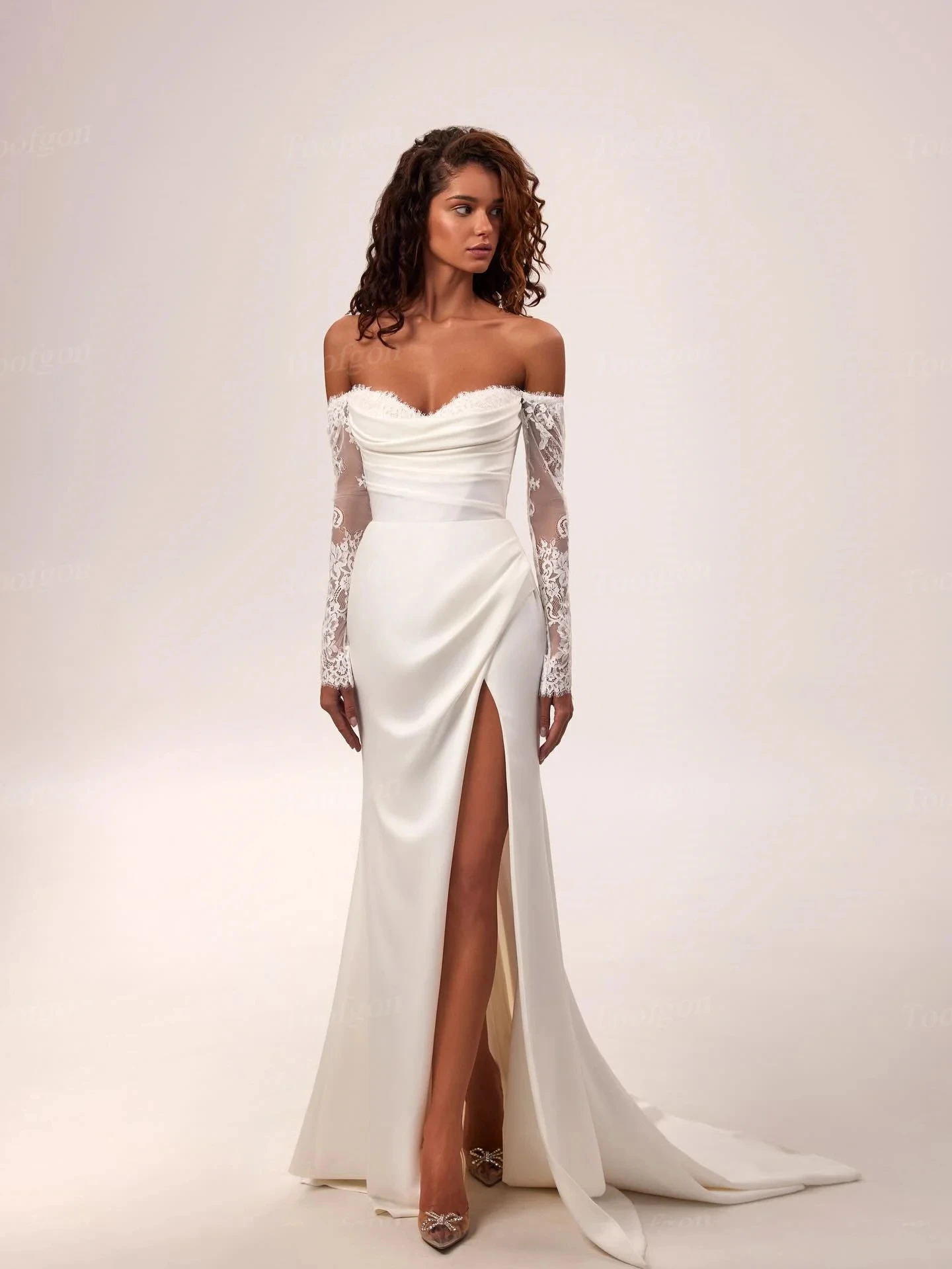 

New Church Wedding Dress 2026 Off the Shoulder Lace Long Sleeves High Slit Formal Bride Bridal Gowns Vestidos De Noiva