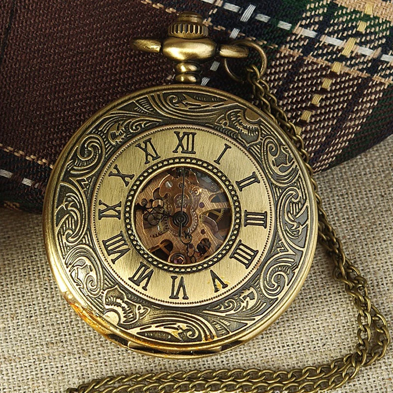 الفاخرة Steampunk الميكانيكية ساعة جيب للرجال النساء الهيكل العظمي حالة Vintage الأرقام الرومانية البرونزية الهاتفي فوب سلسلة قلادة ساعة