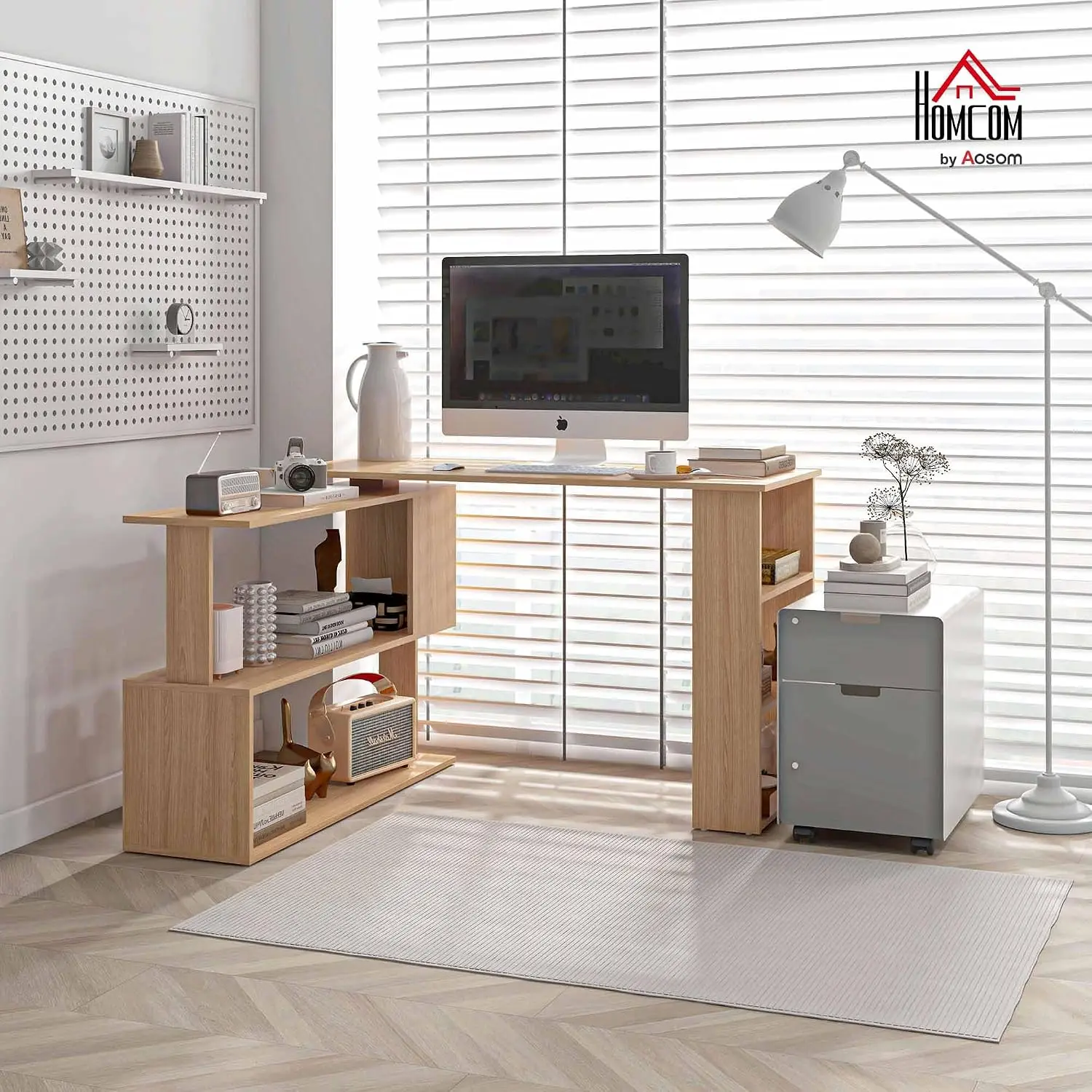 L Shaped Desk Office Computer Corner Table 360 Rotating Storage Shelves Writing Workstation 47 Inch, Customized