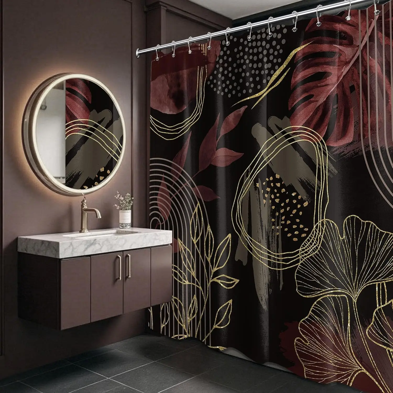 Black Gold Abstract Plant Shower Curtain Tropical Leaf Print for Modern Bathroom Decor