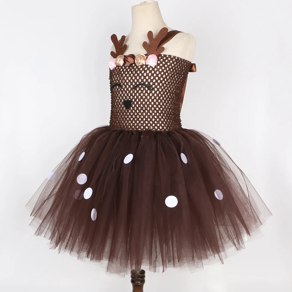 Brown Reindeer Deer Costume for Girls Christmas Tutu Dress Flowers Antler Tulle Princess Dress Toddler Kids Xmas Party Clothes