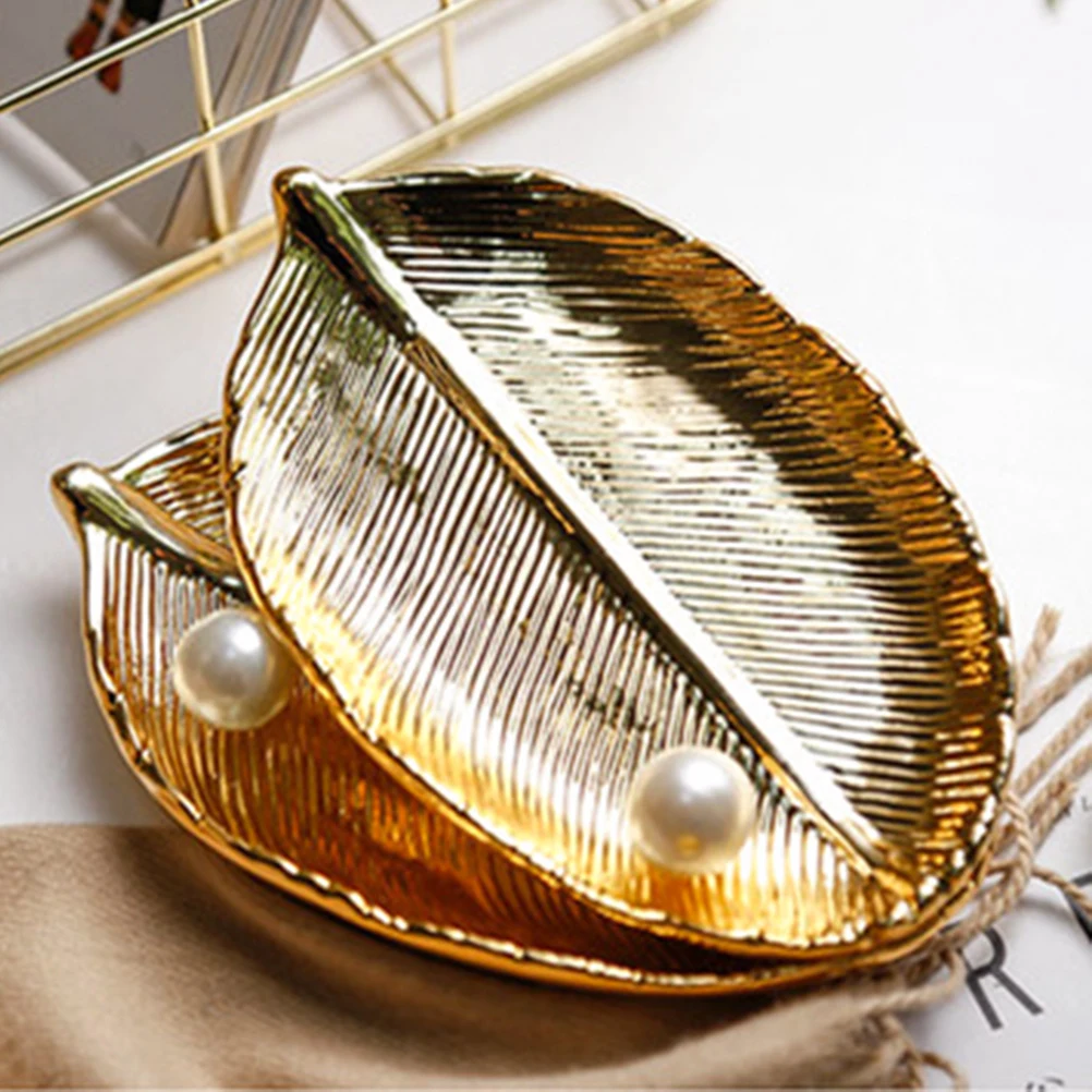 

Golden Leaves Tray Elegant Jewelry Storage Organizer Bedroom Dresser Decor Smooth Texture Multifunctional Display Stand
