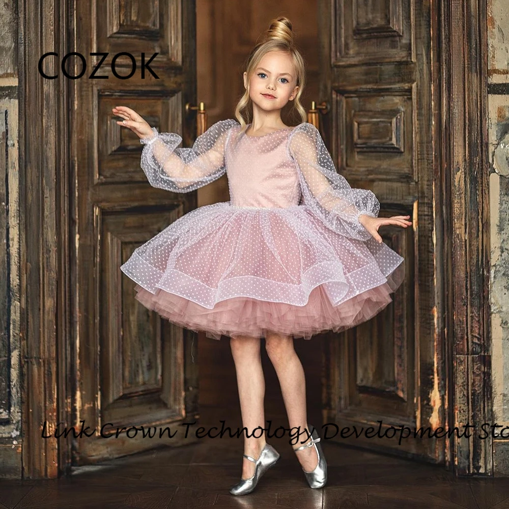 

COZOK Square Collar Flower Girls Dresses with Sequined A Line Full Sleeve Christmas Dresses Knee Length 2025 فستان عيد الميلاد