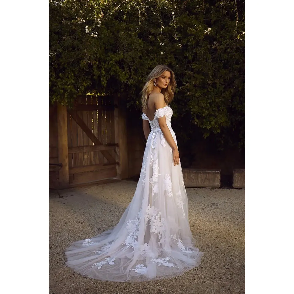 Abiti da sposa bohémien illusori donna elegante 2024 una linea Off spalla Appliqued Tulle Backless Long Summer Beach abiti da sposa