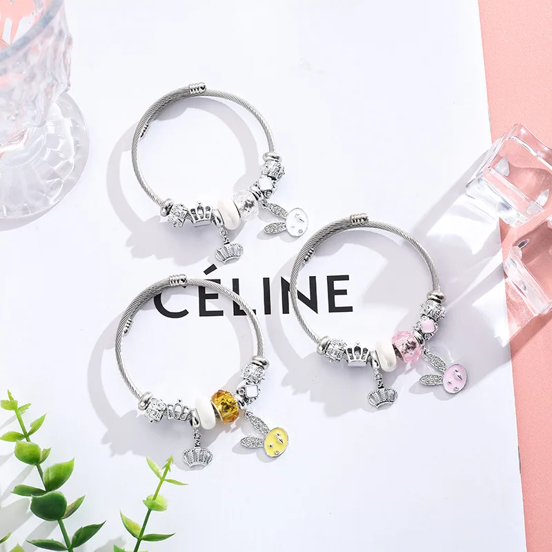 Cute Rabbit Crown Beads Charm Bracelets for Women Girls Stainless Steel Bangles Accessories Jewelry Gifts for Friends