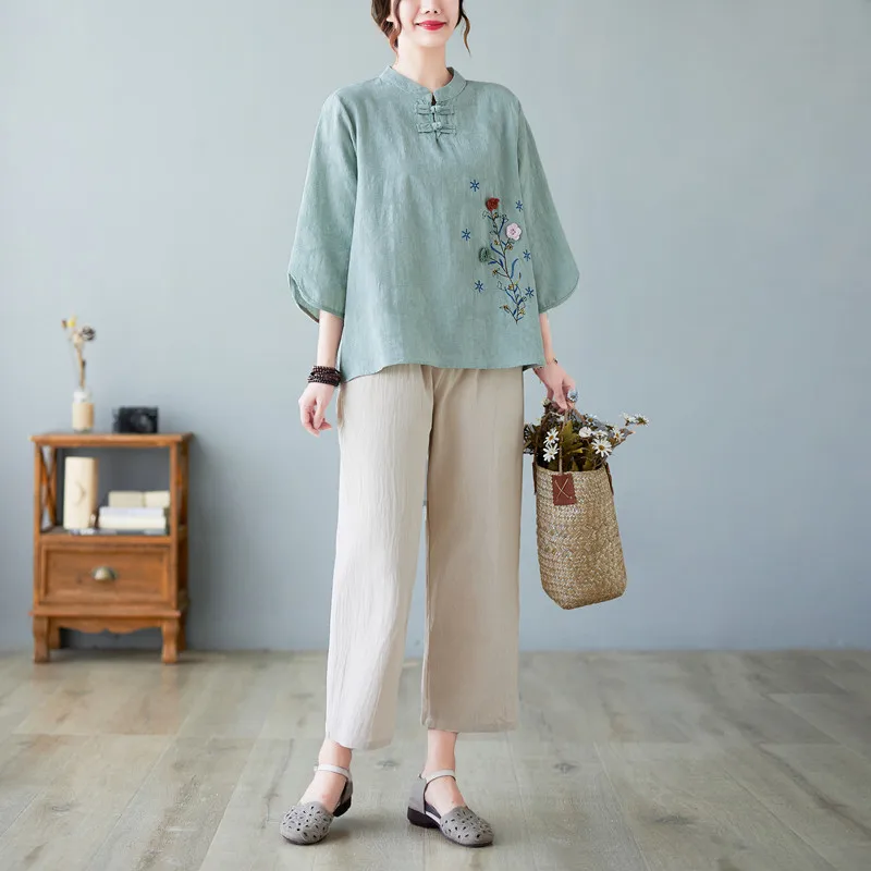 

Slimming Effectiven Floral Embroidery Cotton Linen ort Sve Women's Faion Set Summer New Arrival Two Pieces Trendy T...