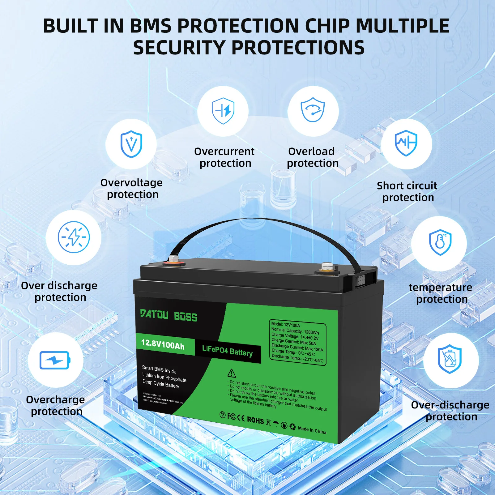 بطارية DATOUBOSS LiFePO4 12 فولت مع BMS 8000Cycles، 100A 200A 300A، للعاكس، المنزل المتنقل، النظام الشمسي، القارب، المنزلية، الشمسية