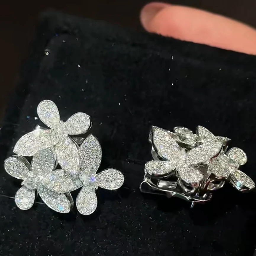 New Solid 925 Sterling Silver With High Carbon Diamonds Three Butterfly Earrings Luxury Fine Flower Jewelry For Women Party