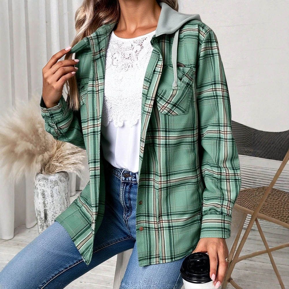 

2025 New Women's Vintage Style Shirts Breasted Cardigan Soft Plaid Fabric Hooded Long Sleeve Top Cozy Brushed Lining Basic Tee