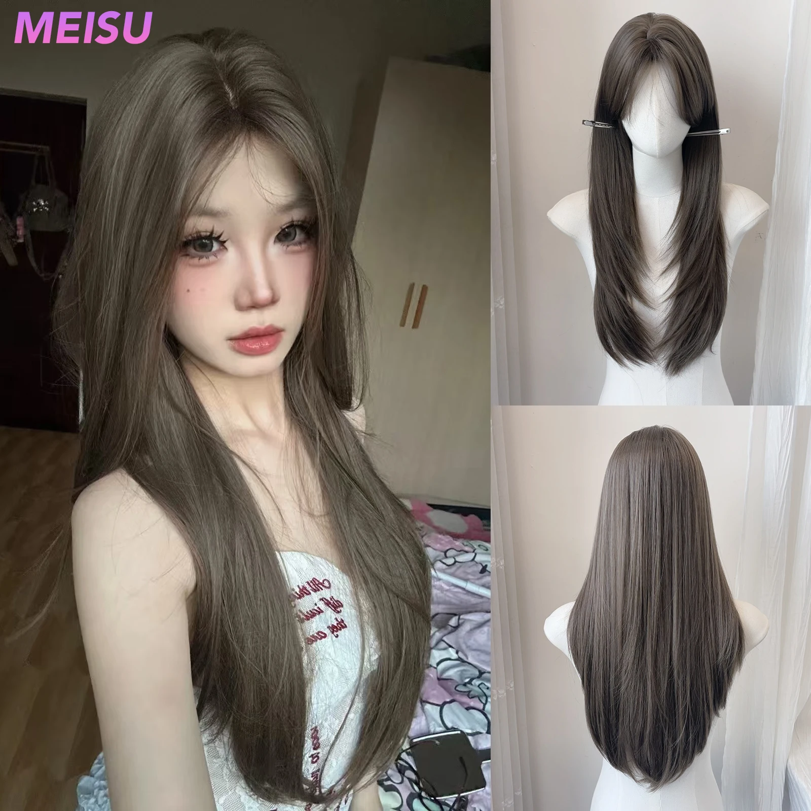 วิกผมตรงสังเคราะห์ MEISU ขนาด 26 นิ้ว สีน้ำตาลเข้มแบบมีเลเยอร์ ทนความร้อน เส้นใยผมเรียบเนียนเป็นธรรมชาติ พร้อมหน้าม้า สำหรับผู้หญิง