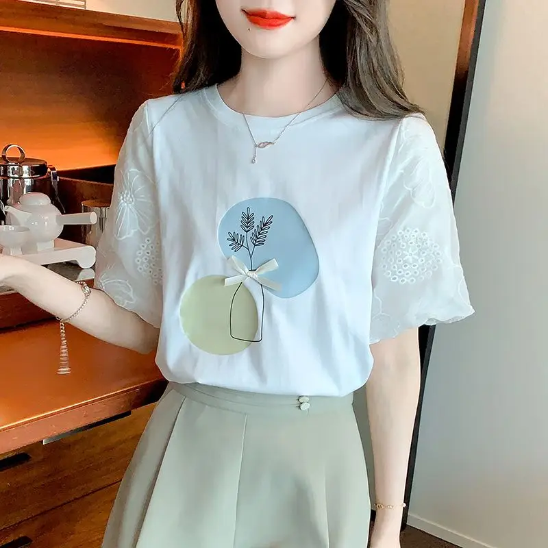 Sweet O-Neck Printed Spliced Bow Puff Sleeve Blouses Female Clothing 2025 Summer New Loose Korean Pullovers Tops Casual Shirts