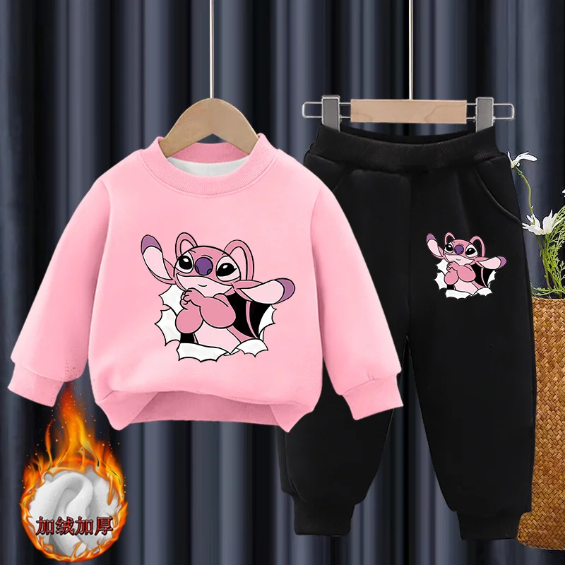 Disney Stitch Print Long-sleeved Loose Clothes Suits Anime Autumn Winter O-neck Pullover Crewneck Warm Childrens Sweatshirt Set