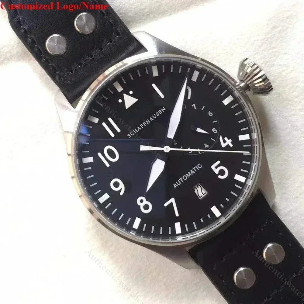 46mm أزياء الطيارين الكبار الرجال التلقائية الميكانيكية ووتش الرياضة الأسود براون الجلود البني الفولاذ المقاوم للصدأ حسب الطلب