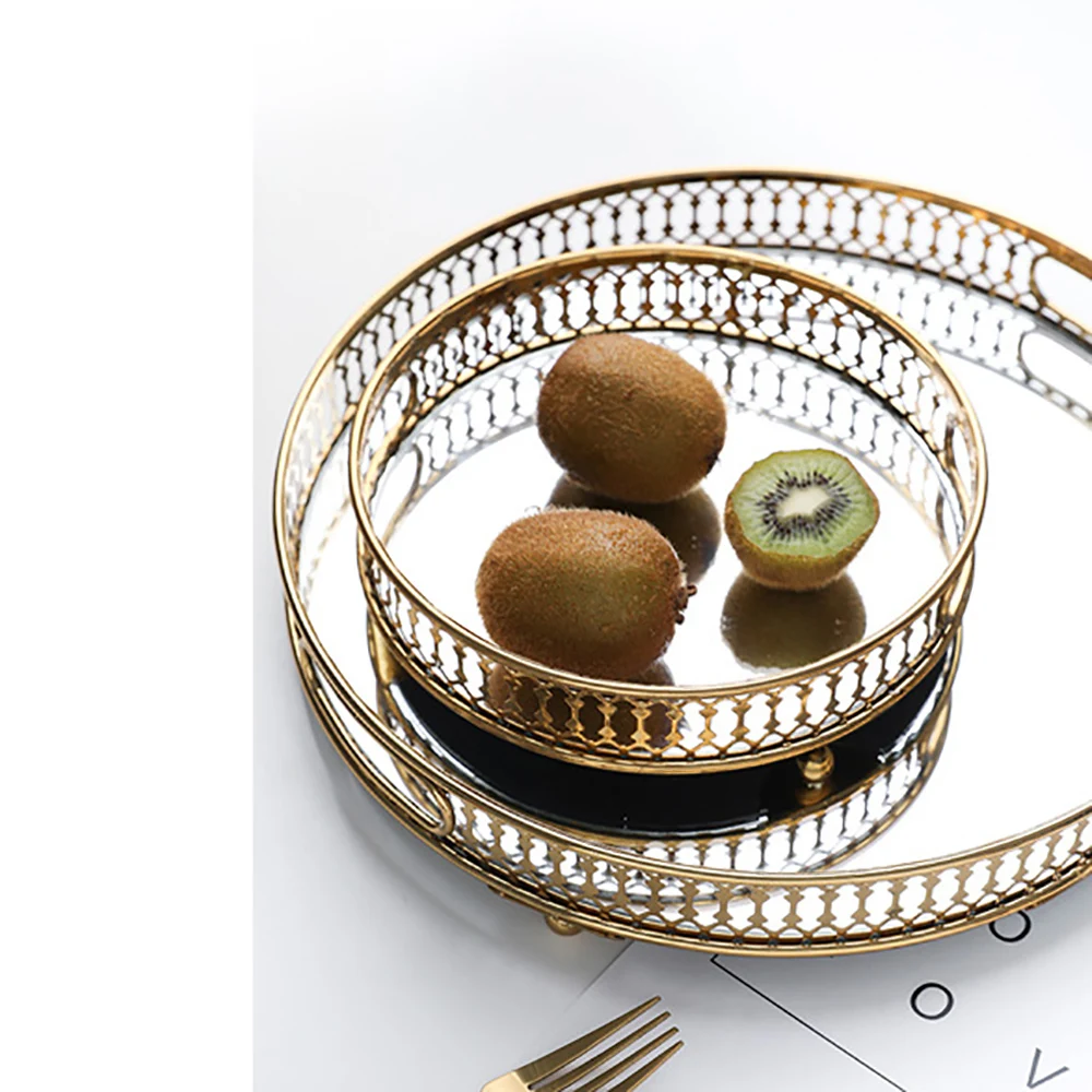 Gold Round Glass Mirror Jewelry & Perfume Tray - Ornate Metal Decorative Tray for Vanity & Dresser, Tray for Storage and Display