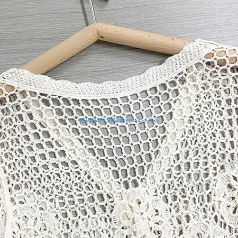 

E56A Elegant Hollow Pattern Knitwear for Women Elegant Short Sleeve Cotton Cardigan