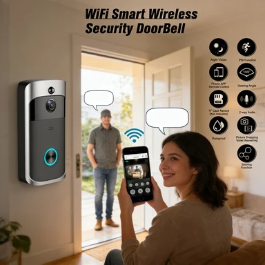 Timbre Inalámbrico Inteligente para el Hogar con Cámara WiFi HD 720P, Videoportero de Seguridad, Visión Nocturna IR, Funciona con Batería AC, Nuevo