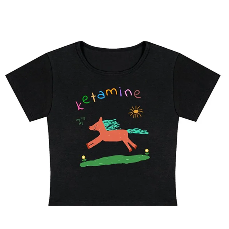 

2000S Summers Minimalist Fashion Versatile Casual Funny Cartoon Playful Pony Print Slim Kawaii Sweet Girls Short Style Crop Tops