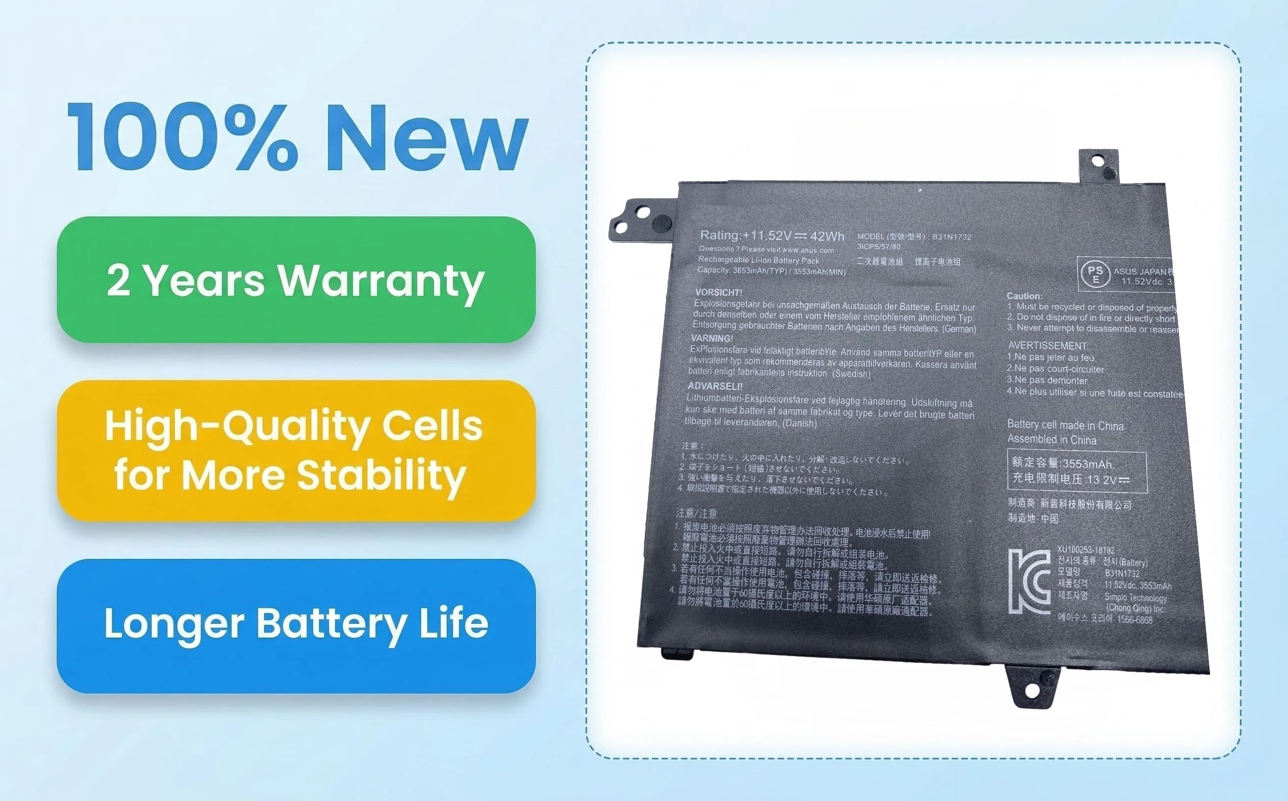 B31N1732 11.52V 42Wh Laptop Battery For ASUS VivoBook X430UA X430UF X430UN X430FA X430FN X571G X571LH X571GT S430FA/S430FN/S430U