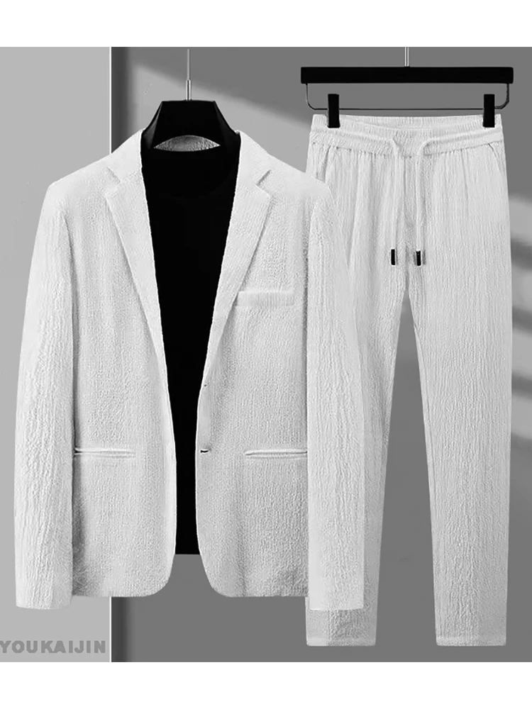 

Spring Autumn Korean White Pleated Sets Men Slim Fit Casual Solid Long Sleeve BlazerTrousers Two-piece Men Suits Trends Tops