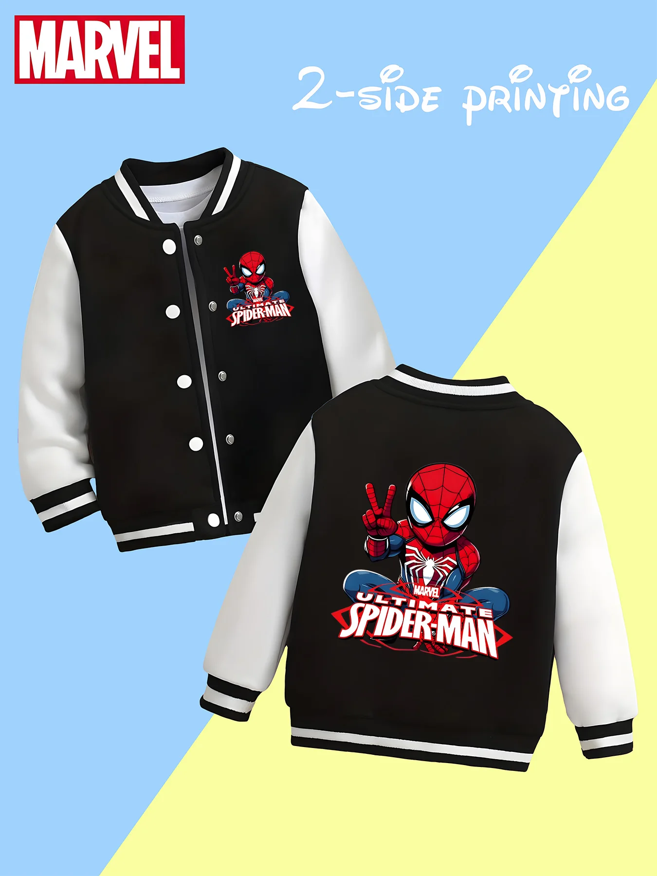 

MINISO Marvel Boys Baseball Jacket - Spider-Man is cute, classic black and white, soft fabric is warm and comfortable, fashionab