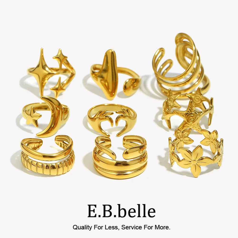 E.B.belle-Anillos abiertos de acero inoxidable para mujer, serie hueca, con patrón en espiral de estrella, Luna, joyería sin deslustre, regalo para fiesta