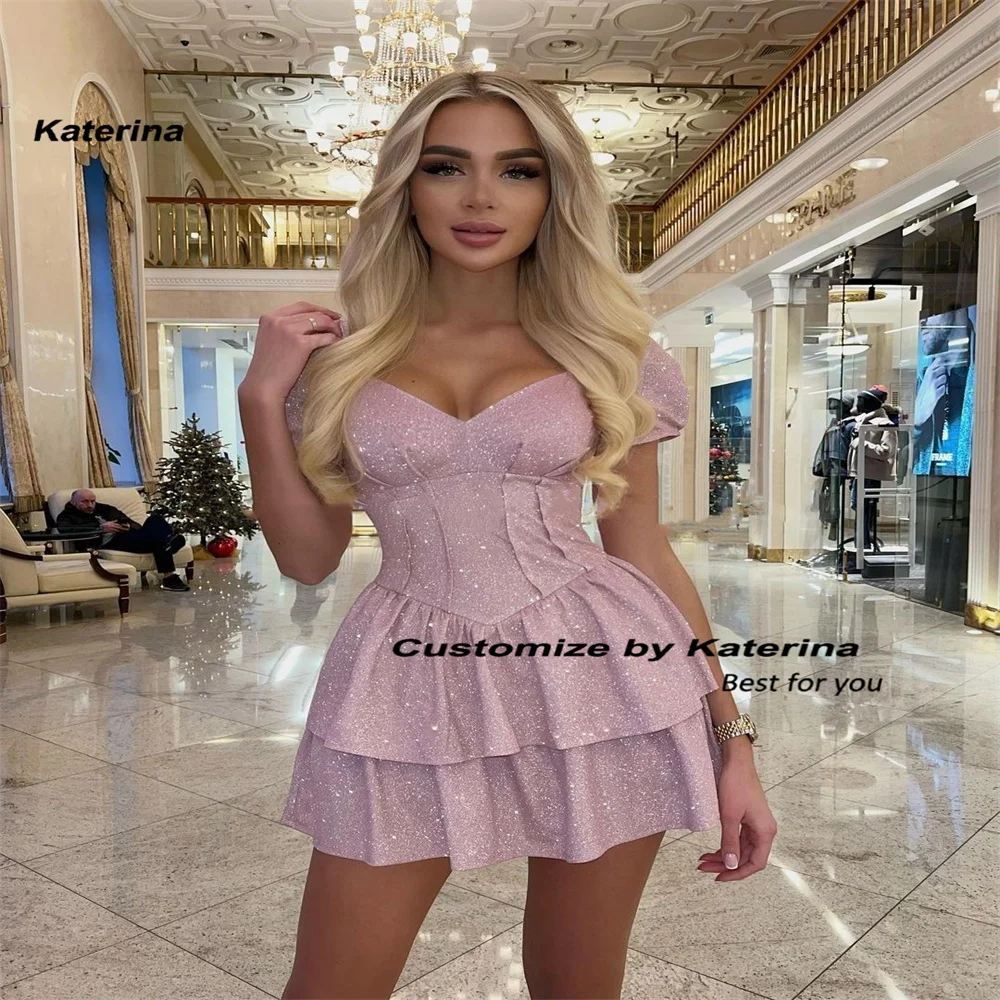 Katerina Summer Girls' Wear Homecoming Dresses Short Sleeve Graduation Cocktail Party Women Tiered Mini Night Club Gowns