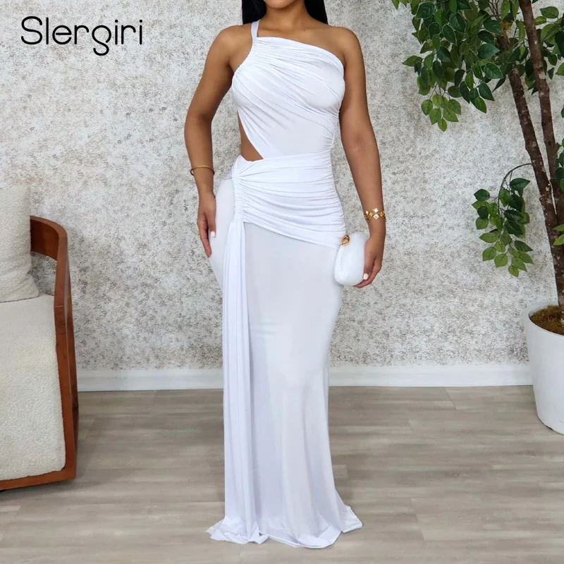Slergiri Abito lungo increspato elegante tinta unita da donna 2025 Abiti aderenti senza maniche da sera con ritaglio sexy di nuova moda