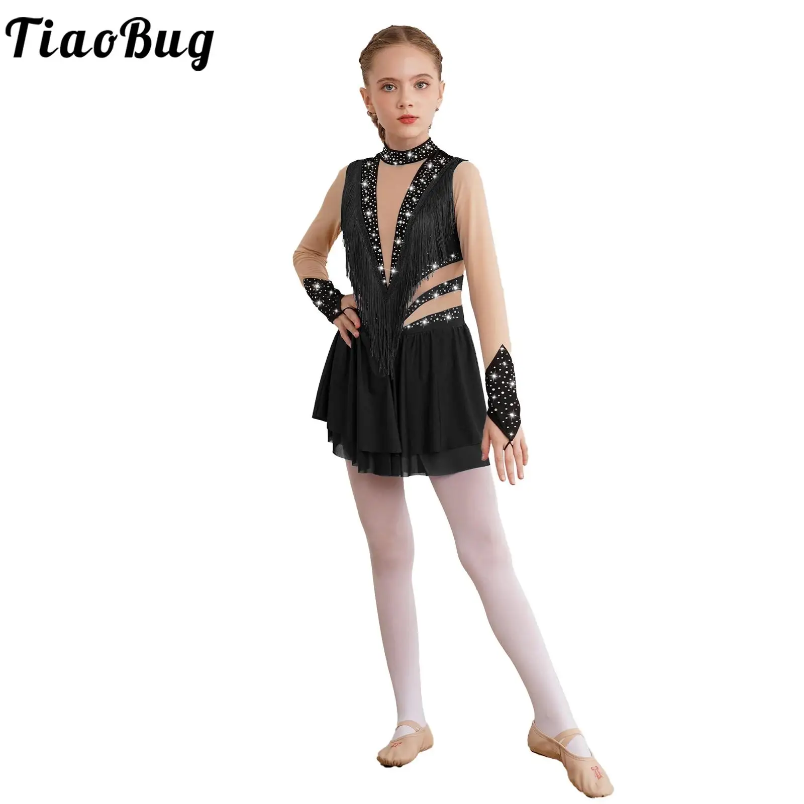 

Kids Girls Figure Skating Dress Rhinestone Long Sleeve Fringed Dresses Latin Salsa Tango Cha-Cha Samba Dance Performance Costume