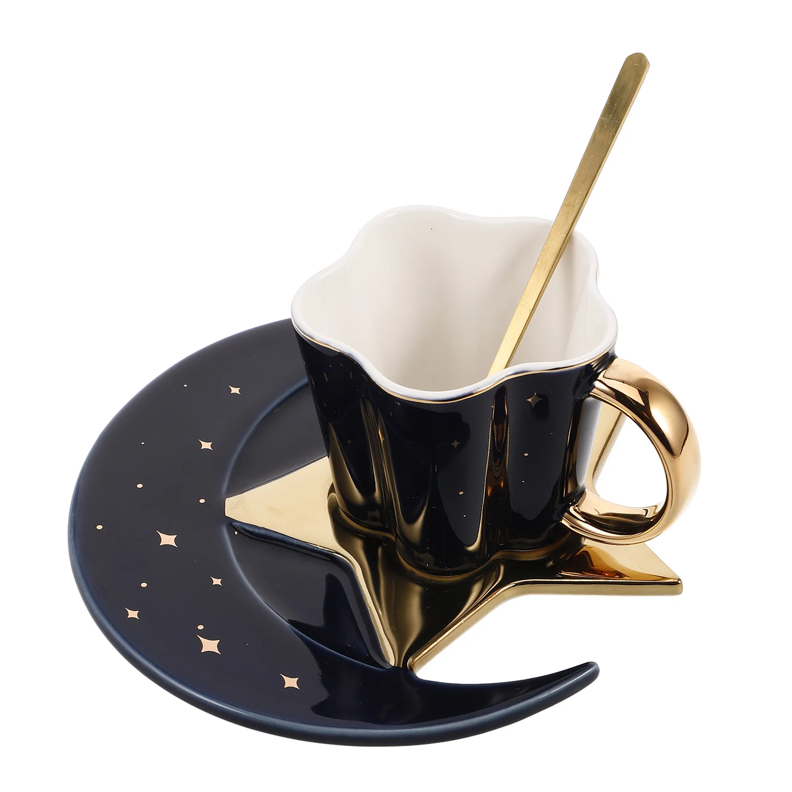

1 комплект, кружка со звездой и луной с золотой ручкой, керамическая чашка для кофе, блюдце, набор ложек, фарфоровая кружка для чая, чашка для послеобеденного чая, латте, эстетические кружки