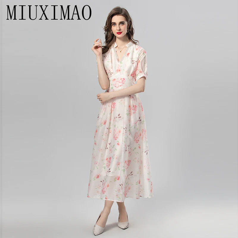 

MIUXIMAO Best Quality 2024 Fashion Designer Summer Women's Dresses V-Neck Diamonds Collar Floral Long Dress Women Beach Dress