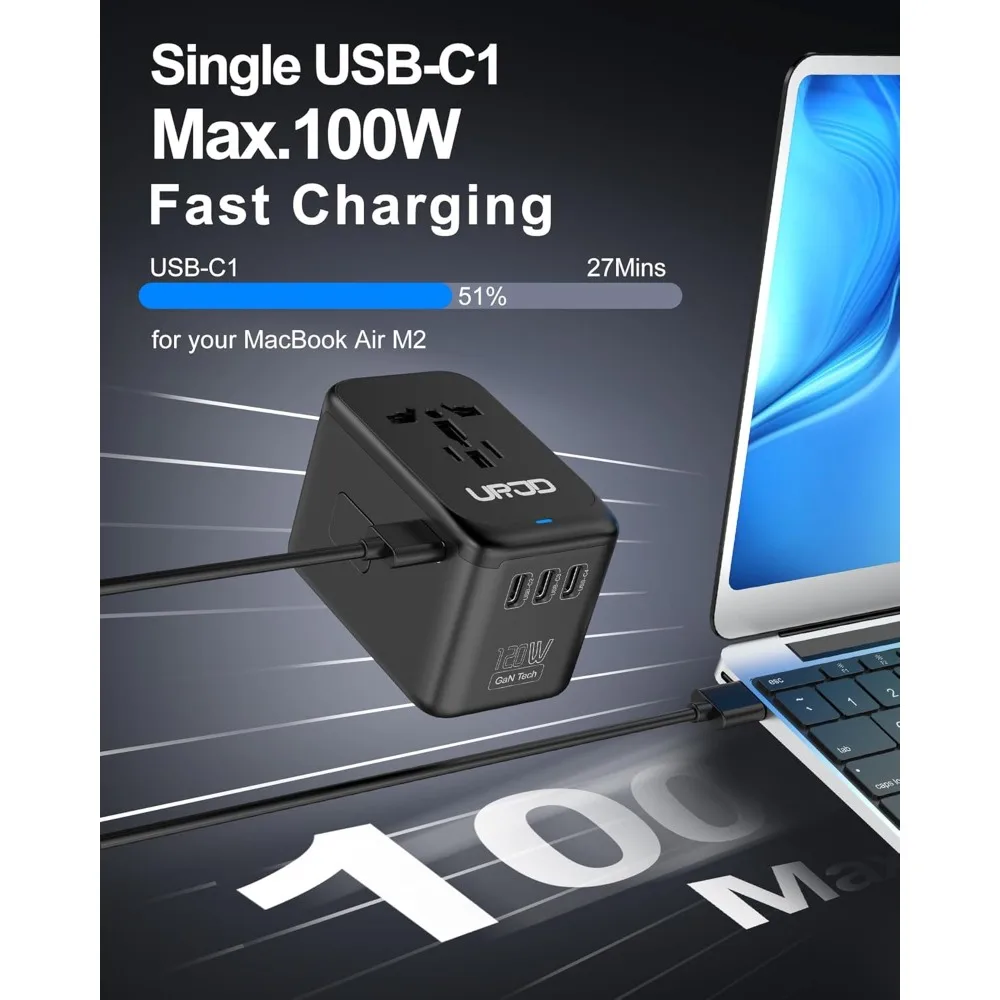 Global Power Adapter, 120W GaN Technology, 5 USB Ports and 1 AC Outlet, Comprehensive Travel Charger