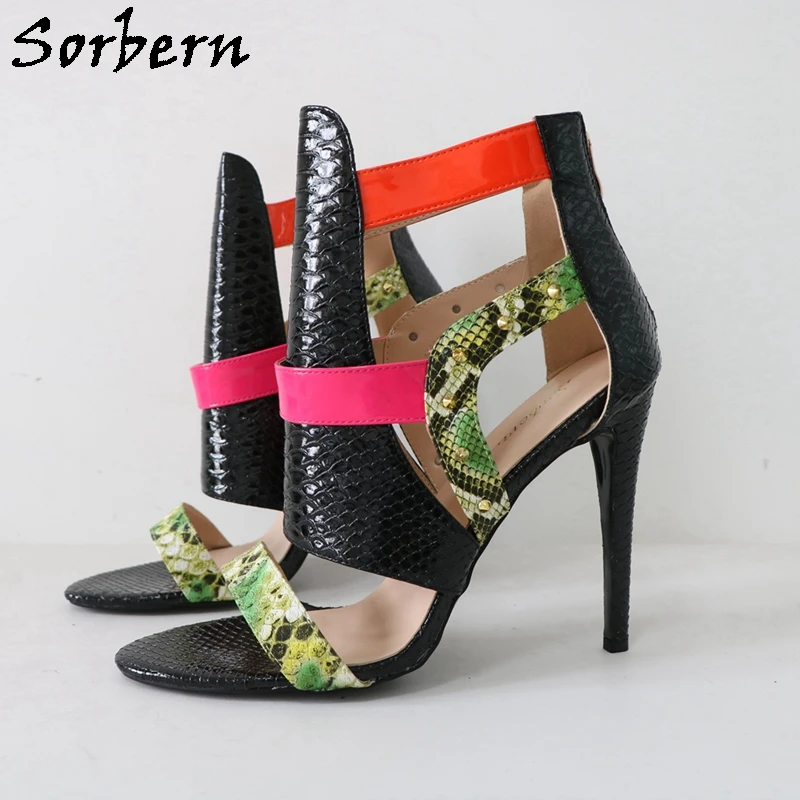 Sorbern Colorful Snake Women Sandals High Heel Stilettos Rear Zipper Evening Party Heels Multi Colors