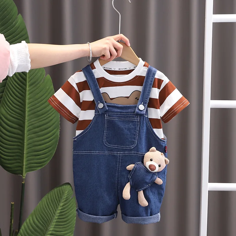 Kids Summer Sets 2024 Baby Boy Clothes 9 To 12 Months Lovely Cartoon Striped Short Sleeve T-shirts and Shorts Childrens Clothing