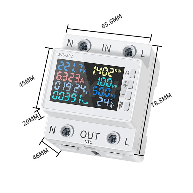 170-270V 0-63A Tuya WiFi 8 in 1 Power Meter Smart AC Meter Current And Voltage Monitoring Over Under Voltage Protector KWS-302