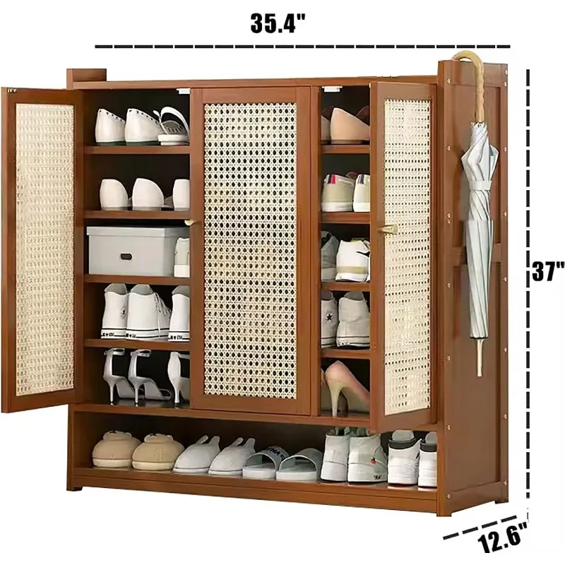 Bamboo Shoe Cabinet With Rattan Doors,Rustic Entryway Shoe Storage Cabinet,Rattan  Cabinet With 6 Tier Shoe Rack