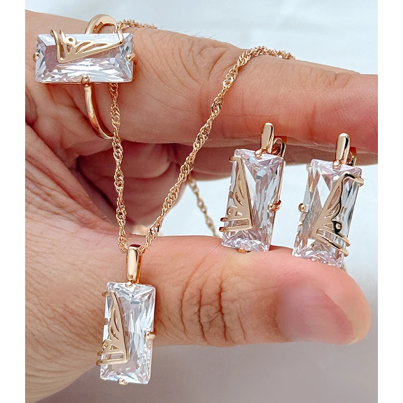 Kinel caliente brillante blanco Natural circón anillo cuadrado pendientes collar para mujer moda 585 Color oro rosa diario 3 uds conjuntos de joyería