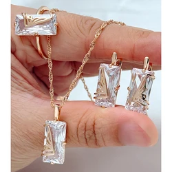 Kinel Hot Shiny White Natural Zircon Square Ring Earrings Necklace for Women Fashion 585 Rose Gold Color Daily 3Pcs Jewelry Sets